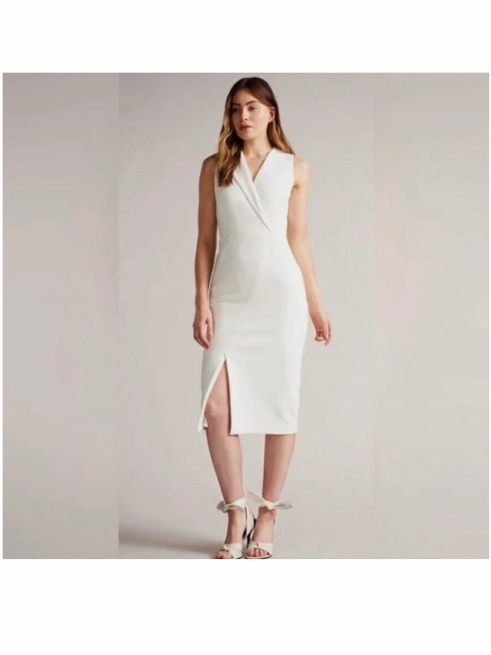 NWT Ted Baker Ivory Sleeveless V-Neck Midi Dress with Side Slit